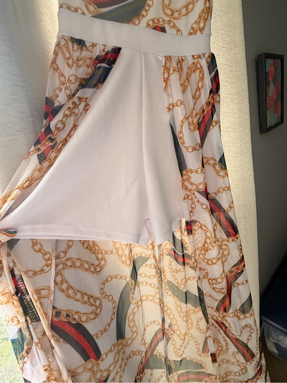 Rue21 White Maxi Dress with Gold Chain & Black-Red Stripe Print - Picture 4 of 5